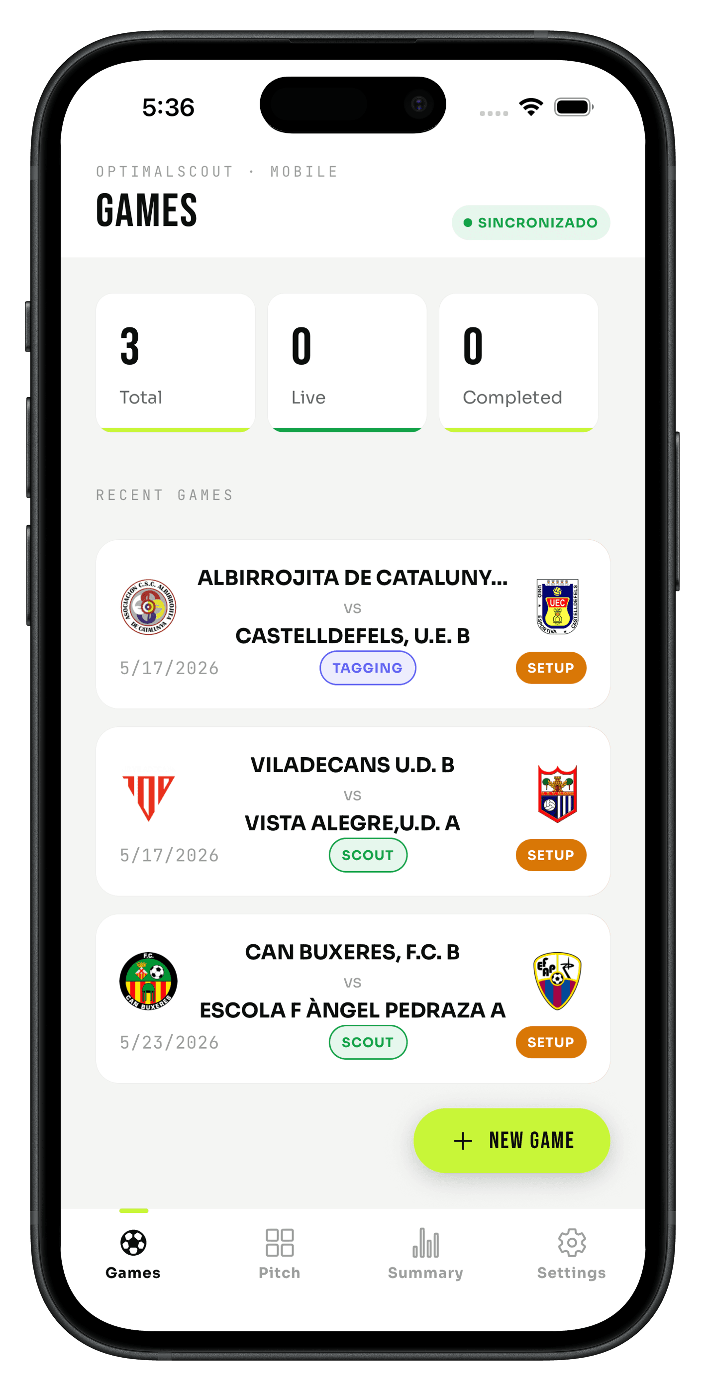 OptimalScout games dashboard on iPhone